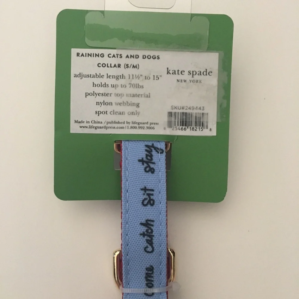 Kate Spade (S/M) Blue Dog Collar Gold Tone Hardware NEW - Raining Cats and Dogs